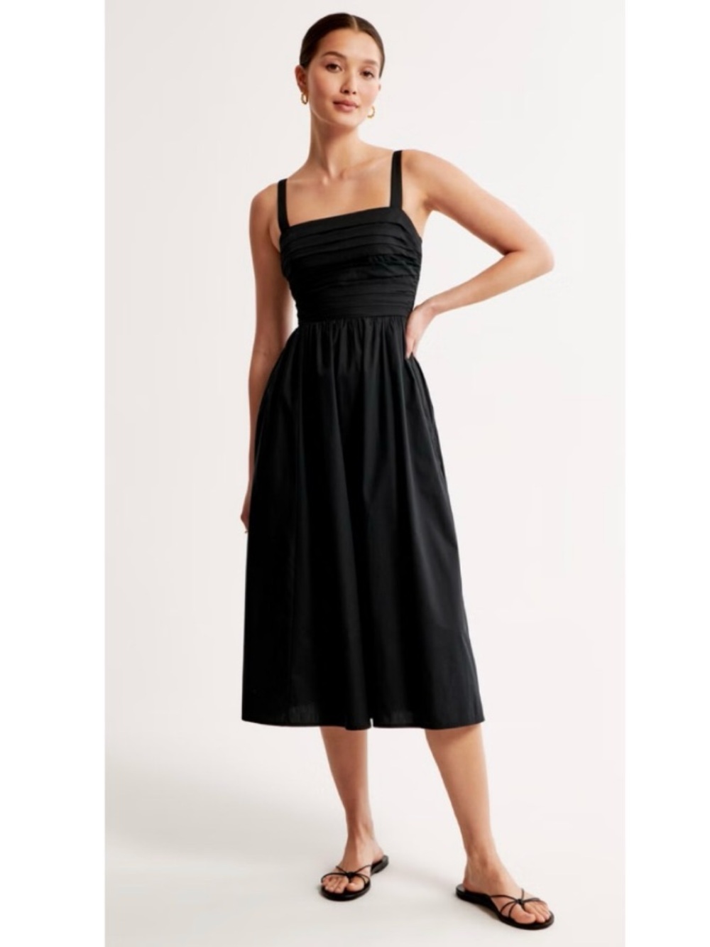 Abercrombie & Fitch Emerson Ruched Sleeveless Poplin A-Line Midi Dress Black XS